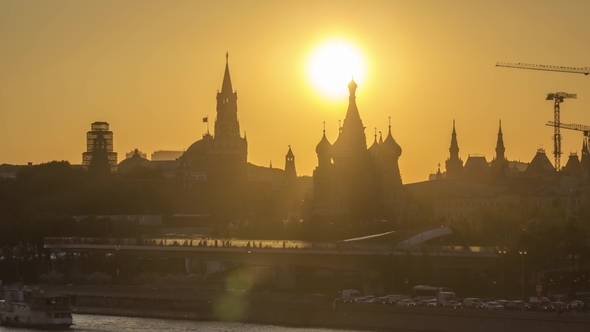 Moscow Kremlin, Saint Basil Cathedral and Zaryadye Park with Floating Bridge at Sunny Evening alt
