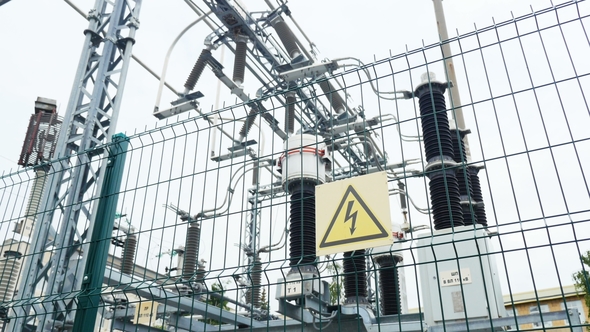 Substation with Danger Warning Sign and Ceramic Insulators alt