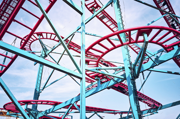 Roller coaster tracks in an amusement park. - Stock Photo - Images