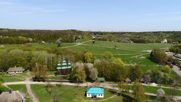 Aerial View Over Traditional Ukrainian Village in Spring, Pirogovo, KIev alt