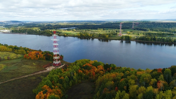 Electric Power Transmission Line Against Autumn Landscape alt