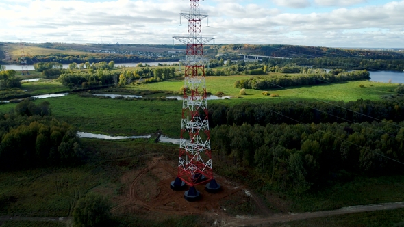 Tension Tower with Phase Transposition of Power Line Against Landscape alt