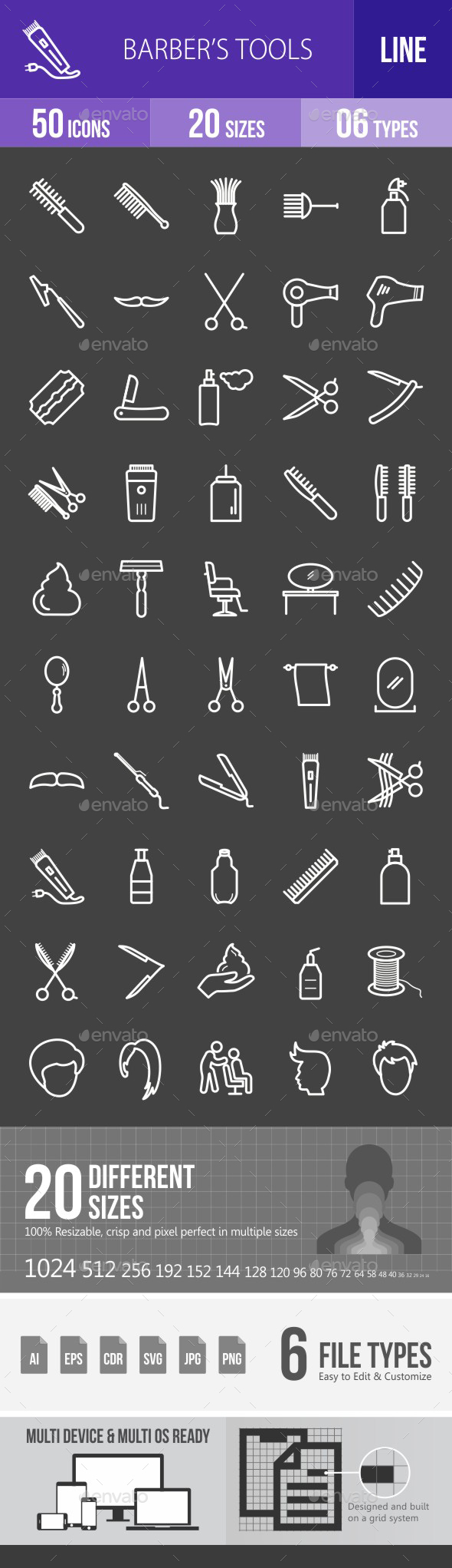 Barber's Tools Line Inverted Icons - Icons