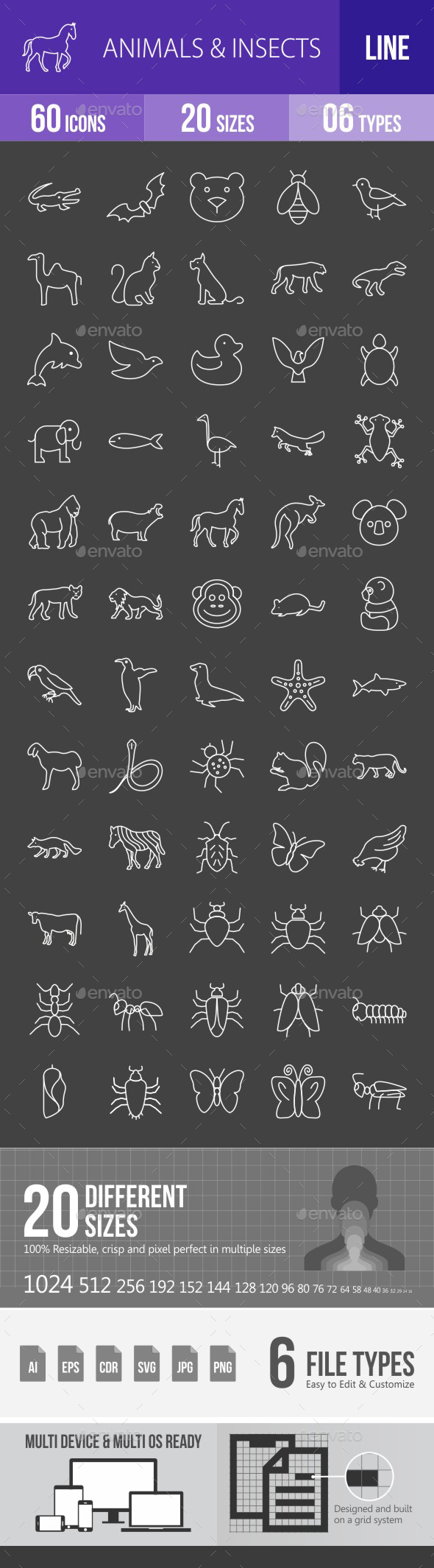 Animals & Insects Line Inverted Icons - Icons