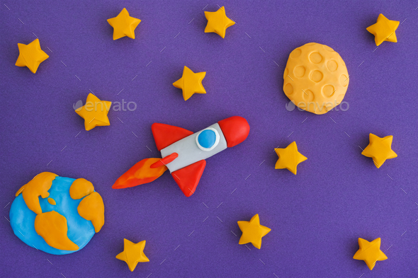 Space Rocket Flying To The Moon Through The Starry Sky - Stock Photo - Images