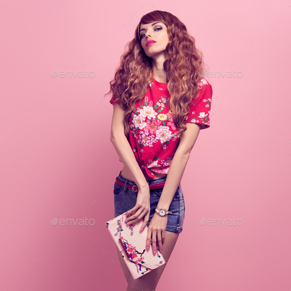 Fashion Young woman, Summer Outfit. Wavy Hairstyle - Stock Photo - Images