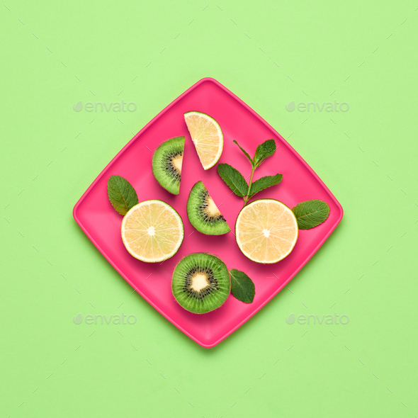 Lemon Kiwi. Fresh Fruit.Vegan Food Concept.Minimal - Stock Photo - Images