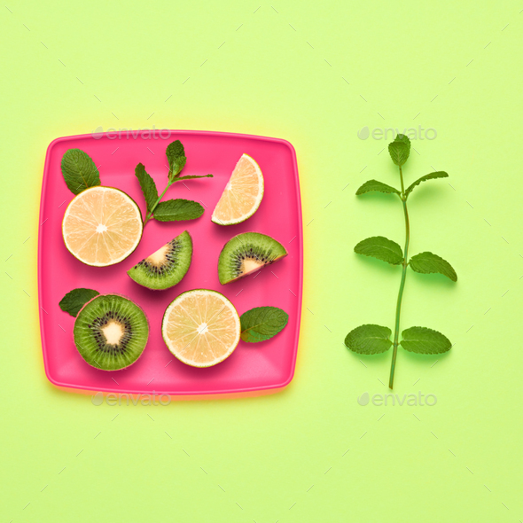 Lemon Kiwi. Fresh Fruit.Vegan Food Concept.Minimal - Stock Photo - Images