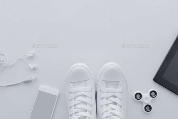 Millennial generation gadgets flat lay top view with copy space - Stock Photo - Images