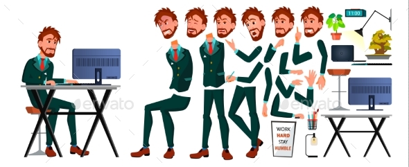 Office Worker Vector. Man Animated Set European Character - People Characters