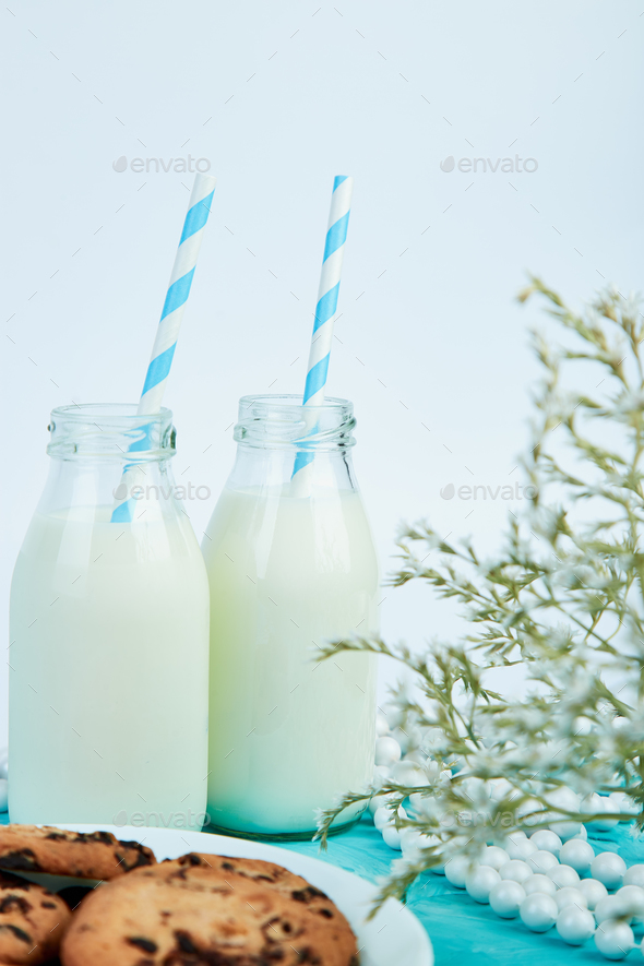 Cookie chocolate with a milk bottles. - Stock Photo - Images