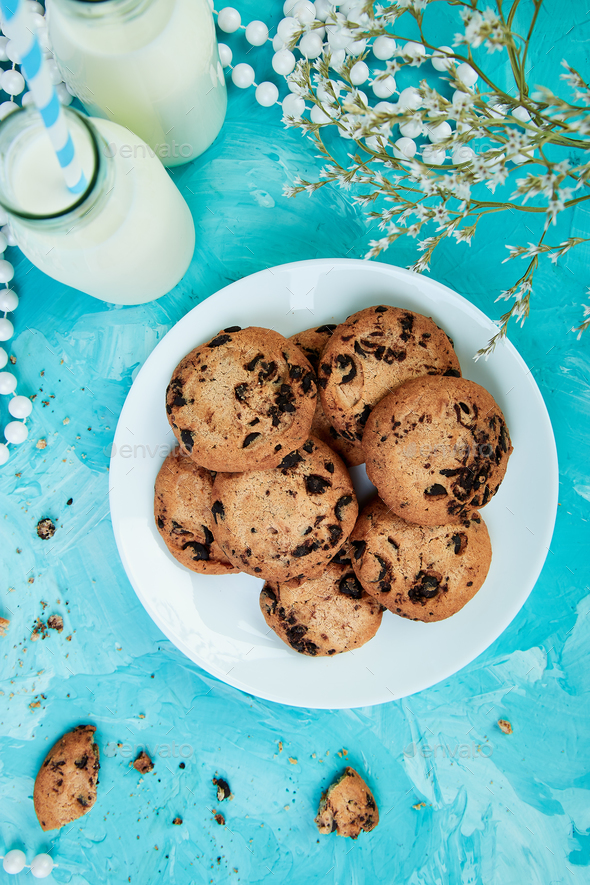 Cookie chocolate with a milk bottles. - Stock Photo - Images