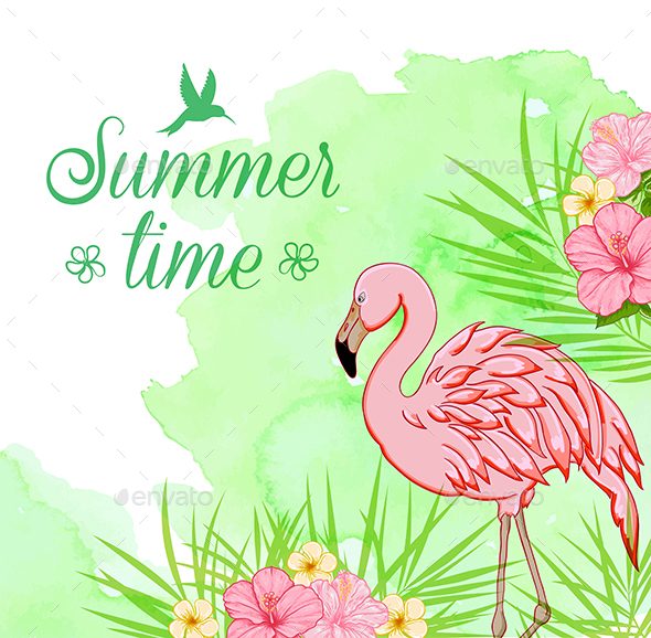 Green Watercolor Background with Flamingo - Animals Characters