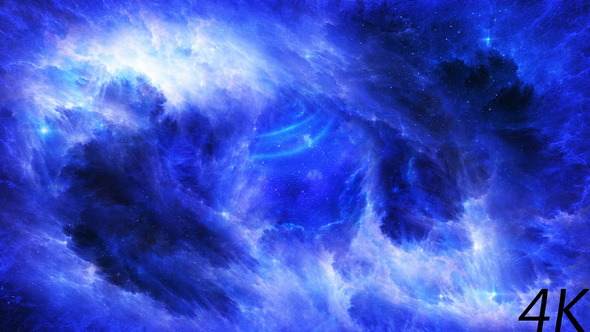 Flying Through Abstract Blue Space Nebula to Bright Energy Waves