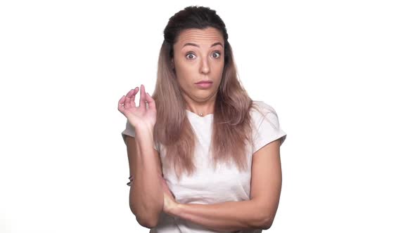 Portrait of Caucasian Determined Woman Expressing Perplexity and Confusion with Showing Stop alt