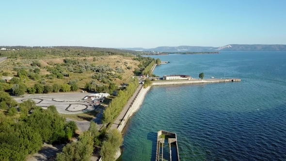 Aerial View of Old City Embankment Long Pier Sea Water 