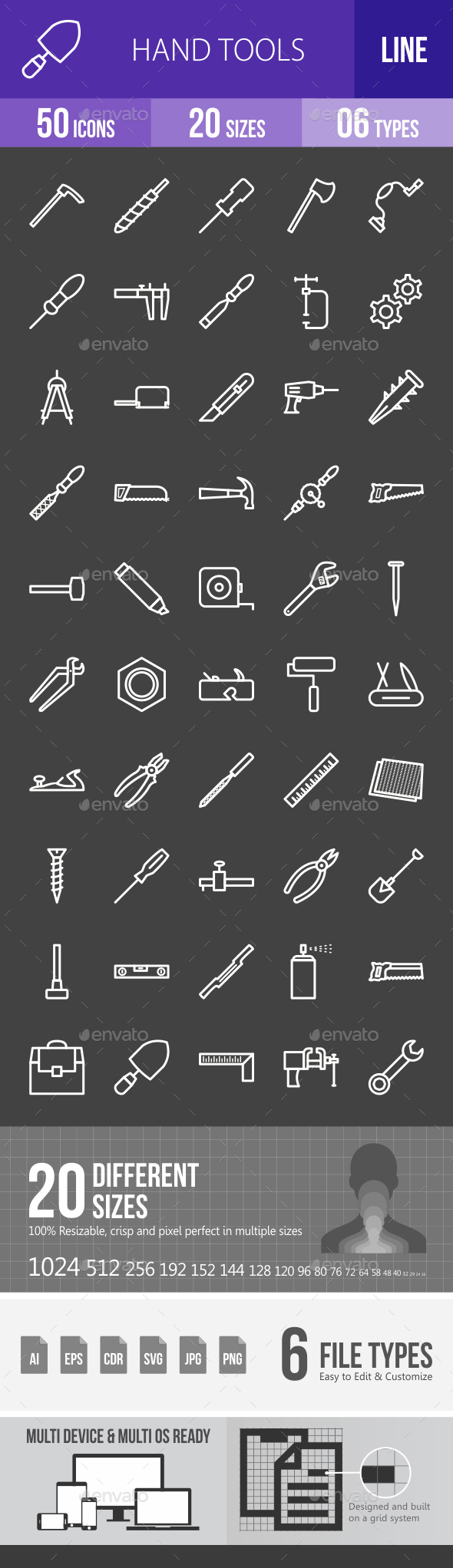 Hand Tools Line Inverted Icons - Icons