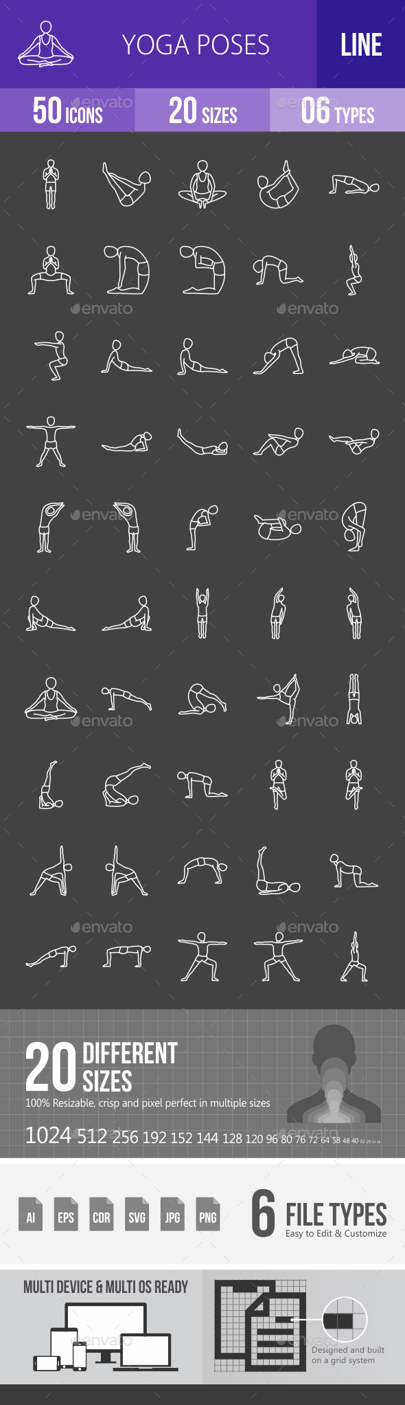 50 Yoga Poses Line Icons
