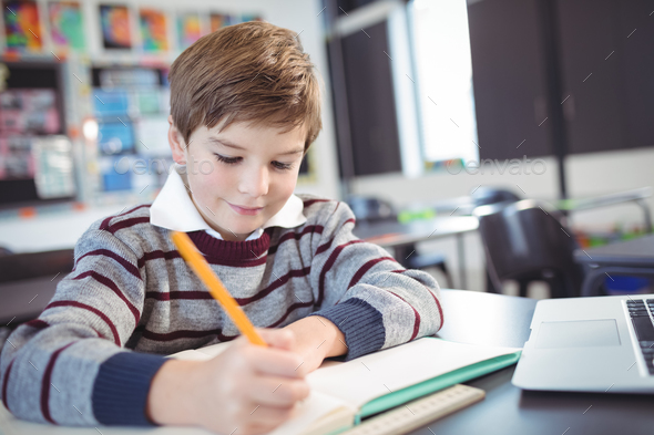 Smiling elementary schoolboy studying in classroom Stock Photo by ...