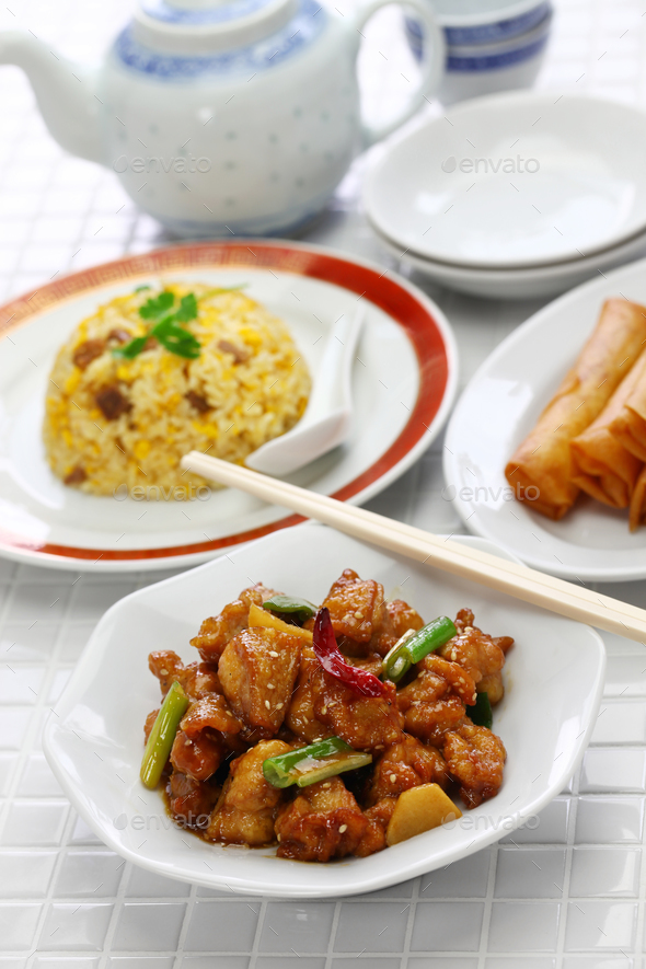 general tso’s chicken, fried rice, spring rolls, american chinese ...