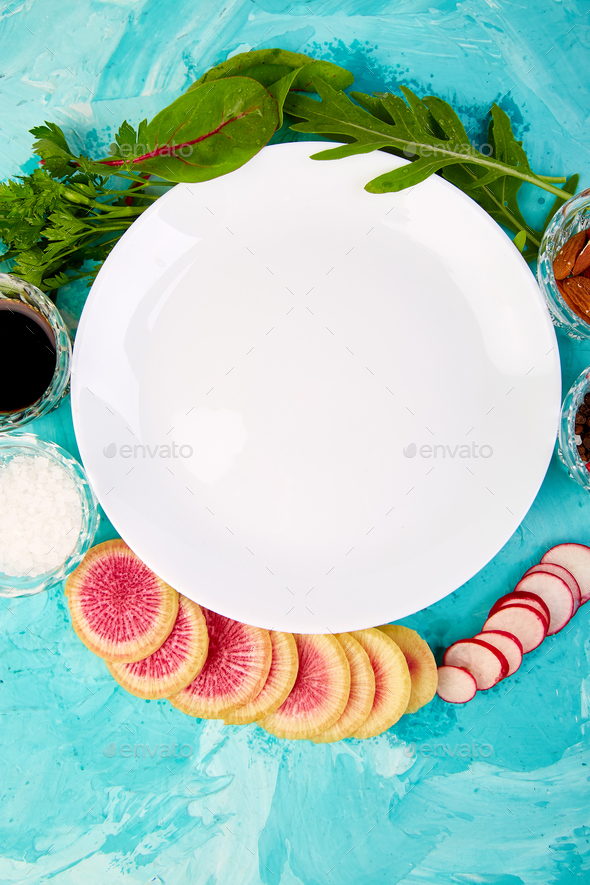 Empty white plate. Ingredient and salad - Stock Photo - Images