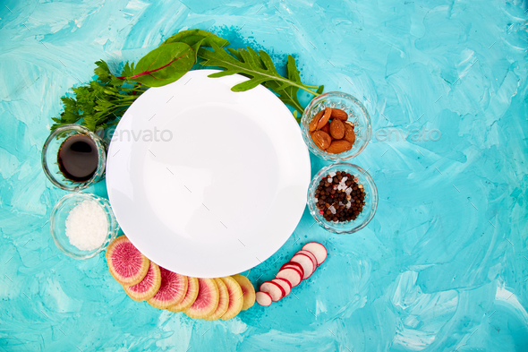 Empty white plate. Ingredient and salad - Stock Photo - Images