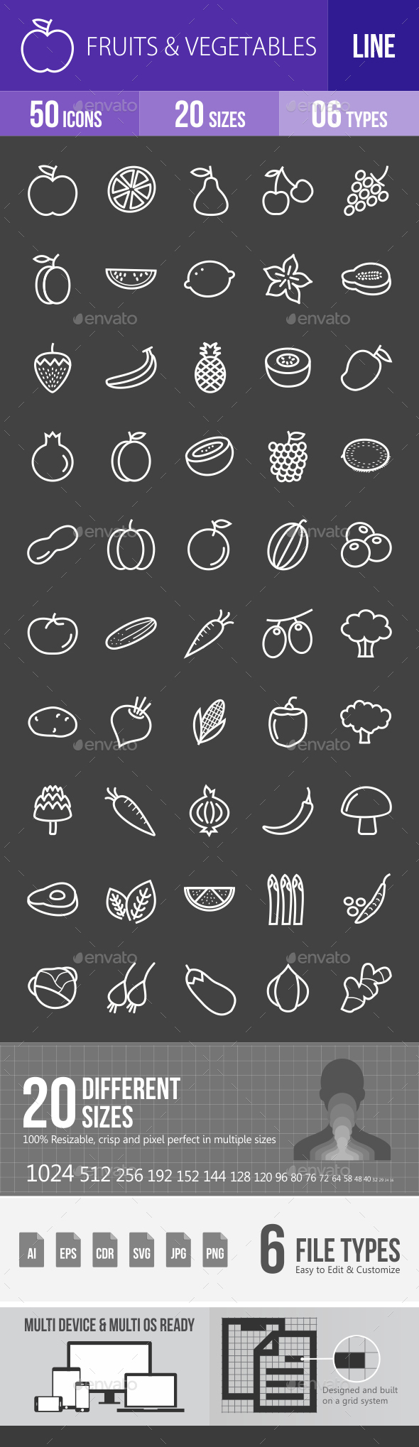 Fruits & Vegetables Line Inverted Icons - Icons
