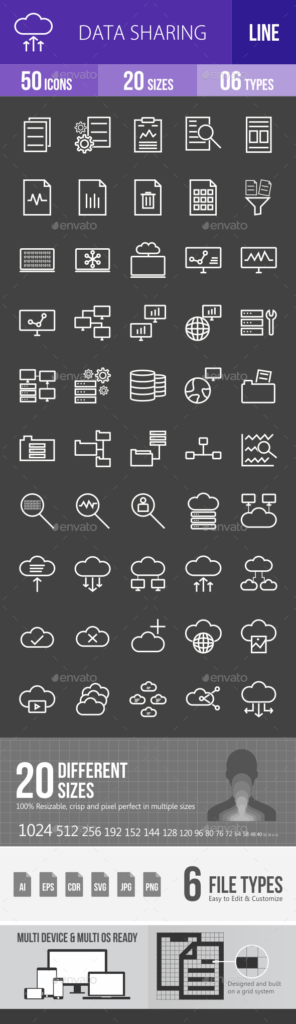 Data Sharing Line Inverted Icons - Icons