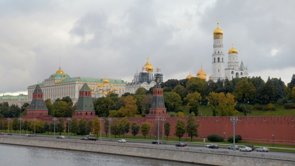 Picturesque Landscape of Moscow with Kremlin Walls and Golden Domes of Churches