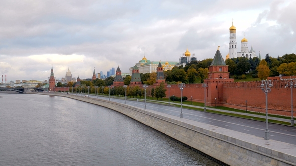 Empty Embankment of Moscow River Near Kremlin Walls in Morning Time, View From Bridge