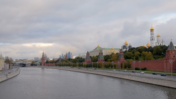 Landscape of Embankment of Moscow River Near Kremlin Walls in Morning Time