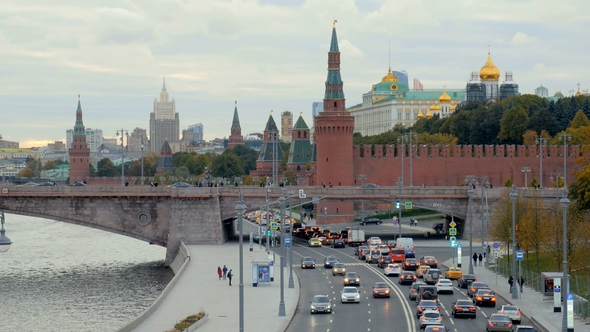 City Landscape in Cloudy Weather, Moscow Russia, Famous Historical Buildings of Kremlin