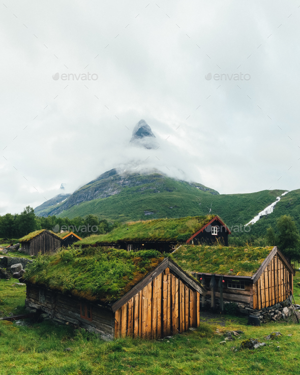 Norwegian grass roof old house - Stock Photo - Images