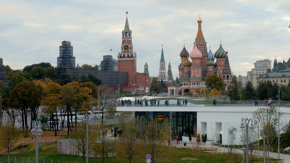 Autumn Walks of Citizens and Tourists in a Zaryadye Park in Moscow, Kremlin Is in Background