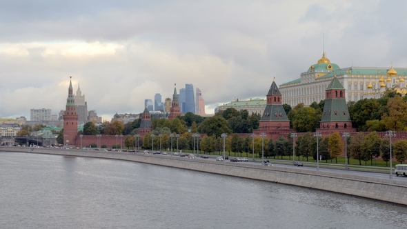 Picturesque Landscape of Moscow, Kremlin Walls in Morning Time, View From Bridge