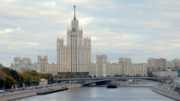 One of of Seven Skyscrapers in Moscow Designed in the Stalinist Style Near River in Cloudy Weather