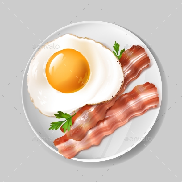 Vector 3d Realistic English Breakfast - Bacon, Egg - Food Objects