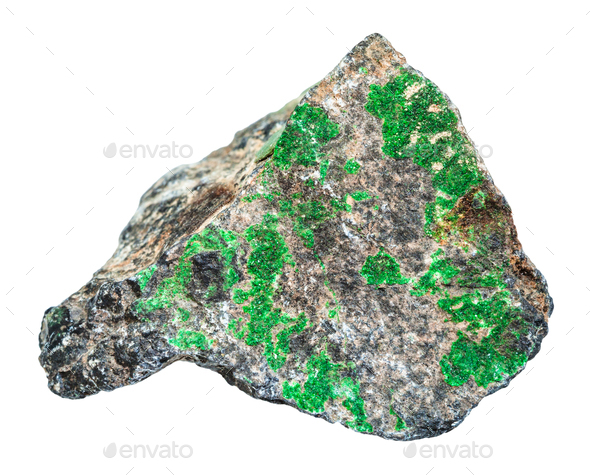 Uvarovite crystals on raw Chromite stone isolated - Stock Photo - Images