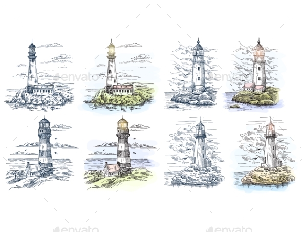 Sketches of Lighthouse for Sea or Ocean Banner - Buildings Objects