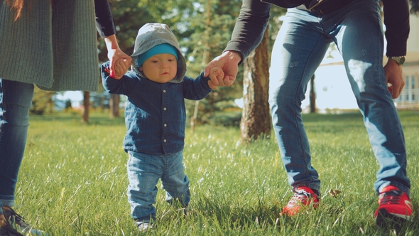 Young Parents Holding Her Young Child As He Practices His First Steps in the Park alt