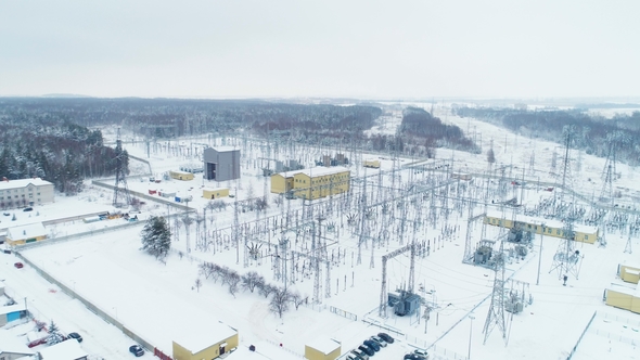 Distribution Station with Buildings and Structures Holding Wires alt