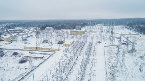 White Territory of Electricity Transmission Substation with Towers alt