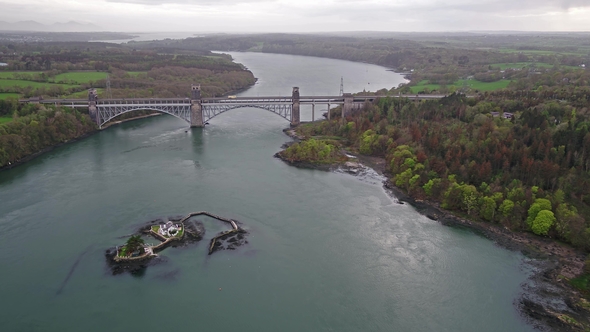 Robert Stephenson Britannia Bridge Carries Road and Railway Across the Menai Straits Between alt