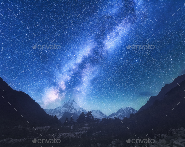 Milky Way. Amazing scene with himalayan mountains Stock Photo by den-belitsky
