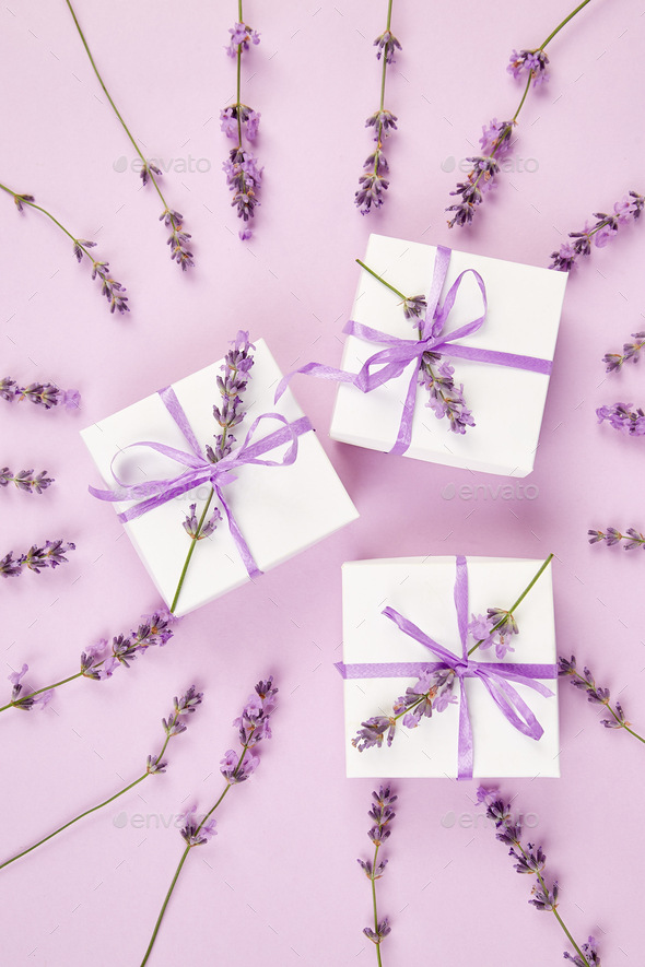 White Gift box with violet ribbon and lavender - Stock Photo - Images