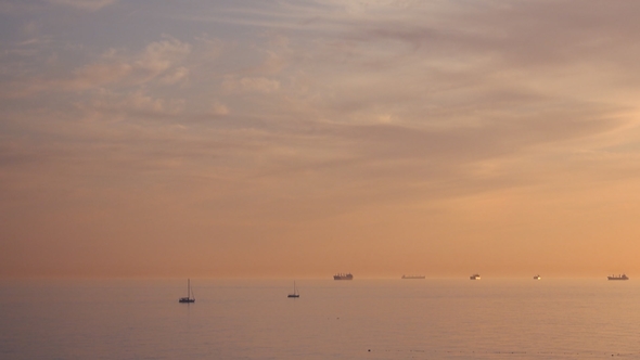 Beautiful Sunset Over Sea, Many Different Ships and Yachts