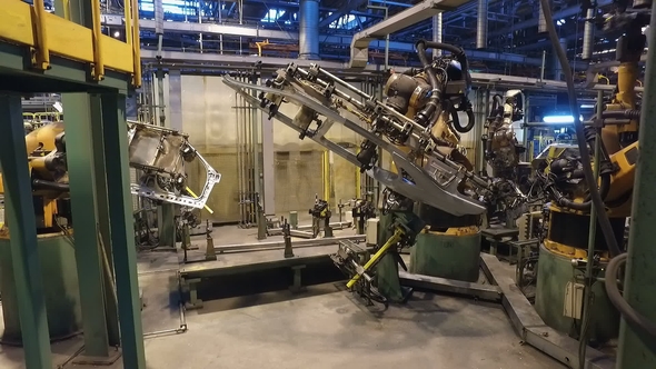 Robotic Welding in Car Factory, Making Car Body, Car Wing, Inside Workshop