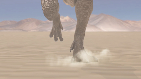 The dinosaur is  running in desert