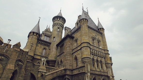 Panorama of Gothic Castle, Camera Moves Around, Beautiful Cloudy Sky