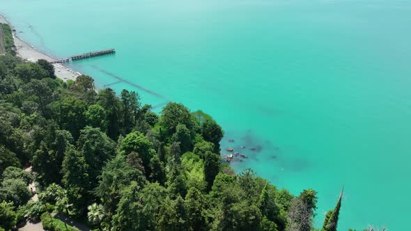 Aerial view of the Black sea coast. The Botanical Garden of Batumi, located at area of Green Cape alt